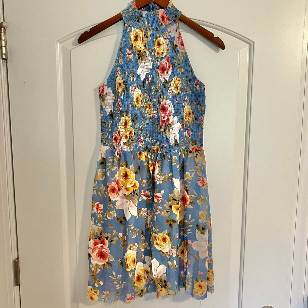 Venus Maxi Tunic Top Women Small Blue Floral Halter Sleeveless High‎ Slit Sheer